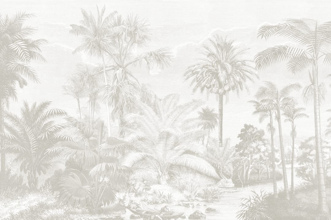Lacandon Grey Wall Mural Tropical Palm Forest with Vintage Etching Detail