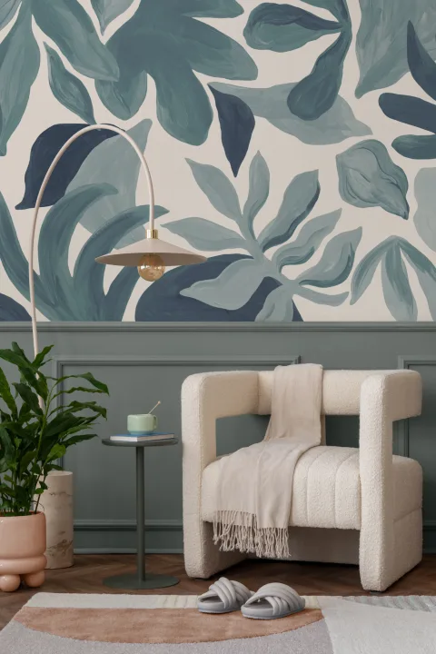 Murală artistică scandinavă botanică cu frunze albastre