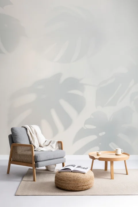 Blue Monstera Leaf Shadow Mural
