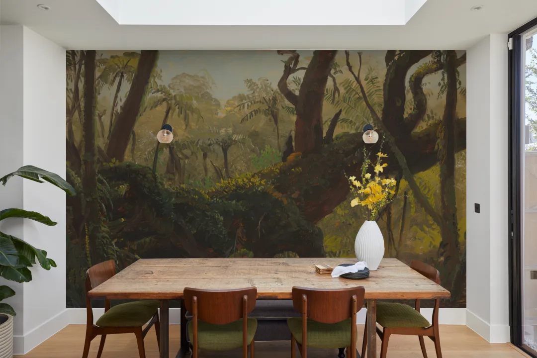 Papier peint panoramique peinture à l'huile représentant une jungle tropicale moussue