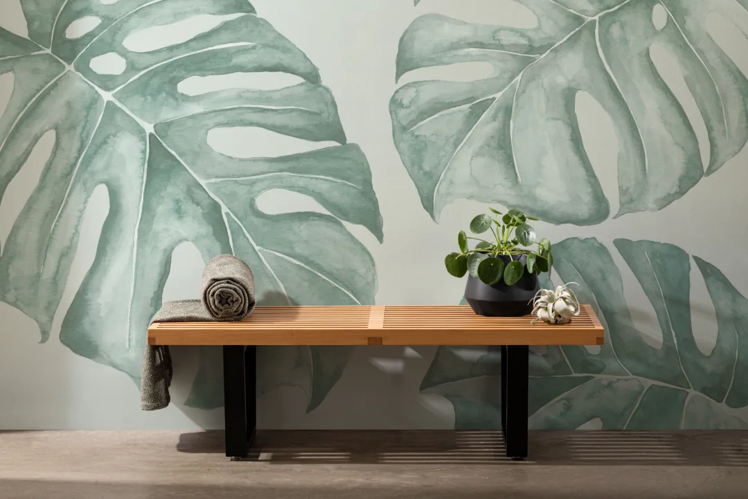 Mural de acuarela verde Hoja de Monstera