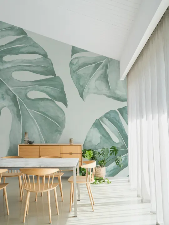 Green Watercolor Monstera Leaf Mural