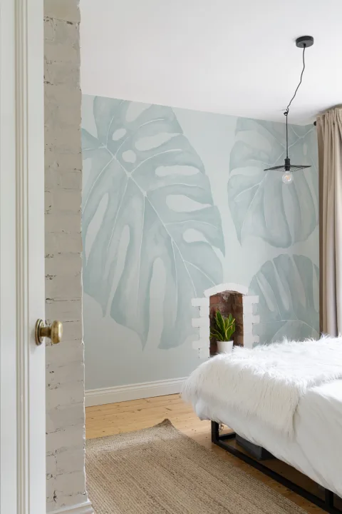 Blue Watercolor Monstera Leaf Mural