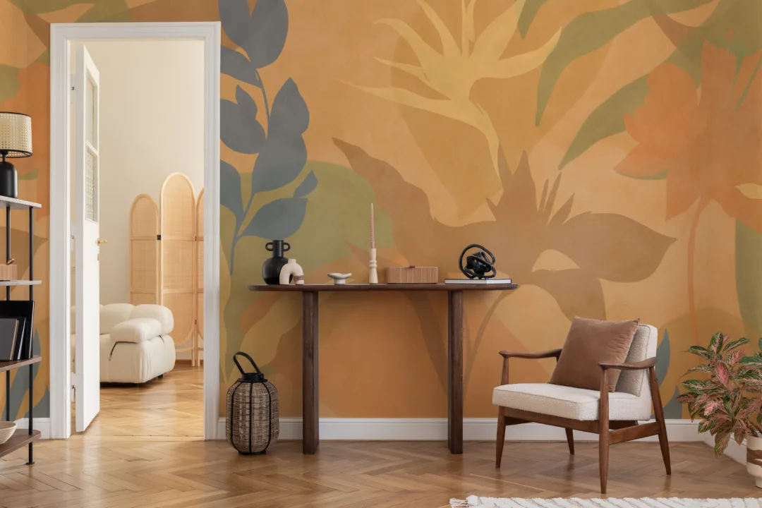 Orange Abstract Tropical Foliage Mural