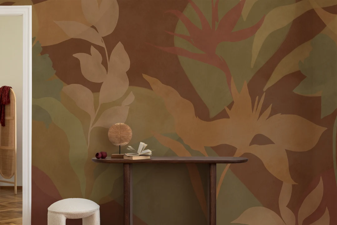 Papier peint panoramique de feuillage tropical abstrait marron