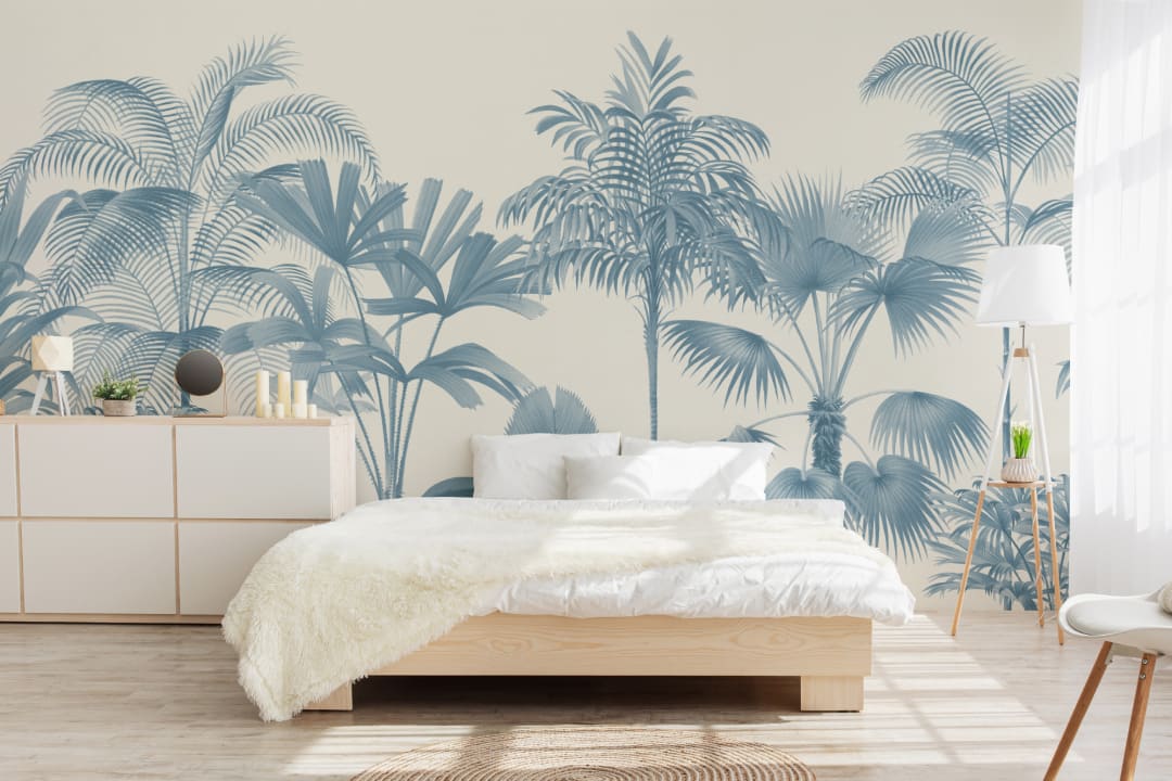 Blue Vintage Tropical Palm Tree Mural
