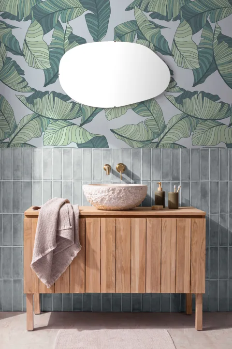 Mural Papel Pintado Hoja Tropical Azul y Verde