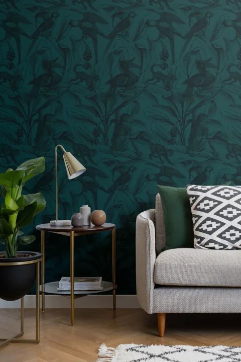 Papier Peint Panoramique Bleu Pétrole à Motif Singe Oiseaux Exotiques et Feuille de Bananier