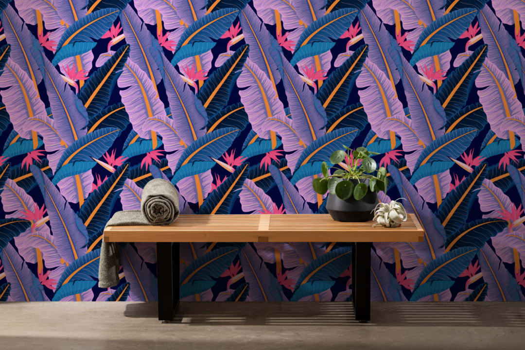 Mural Papel Pintado Estampado con Hojas de Plátano Azules