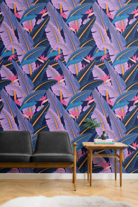 Blauw Bananenblad Patroon Tropisch Behang Muurschildering