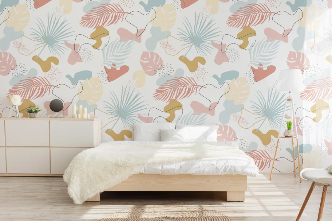 Modern Pastel Tropical Leaf Collage Pattern Wallpaper Mural