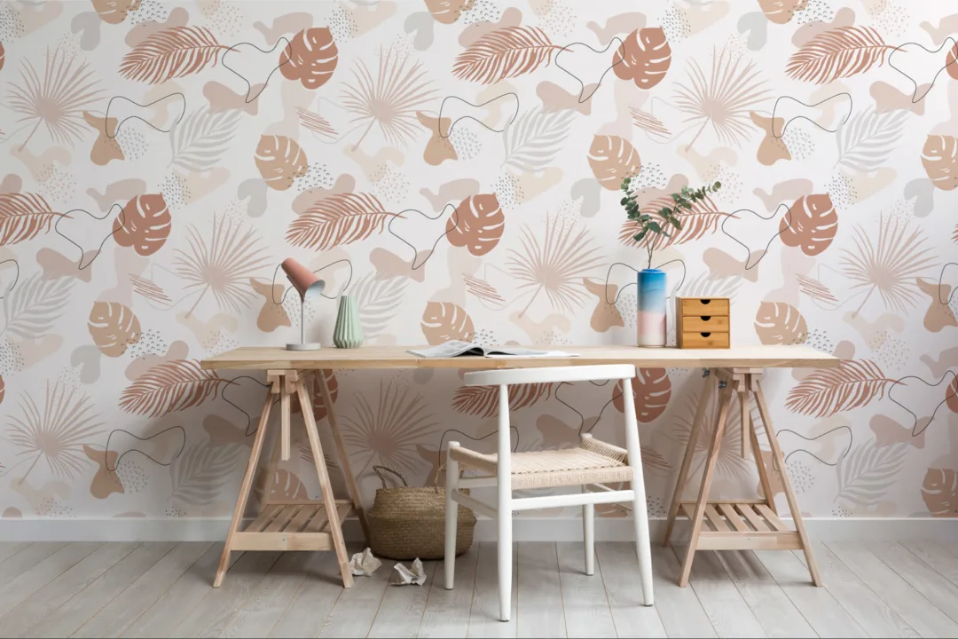 Culori neutre Tropical frunze colaj model tapet Mural