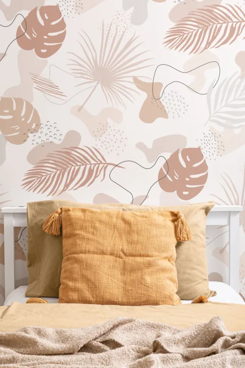 Neutral Colors Tropical Leaf Collage Pattern Wallpaper Mural