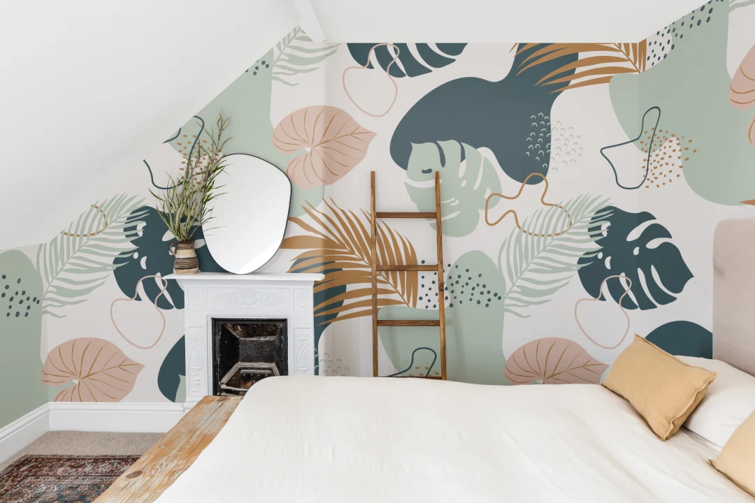 Modern Green & Neutral Tropical Leaf Collage Pattern Wallpaper Mural