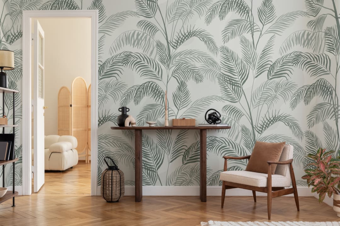 Carta da Parati Foglie Tropicali di Palma in Verde