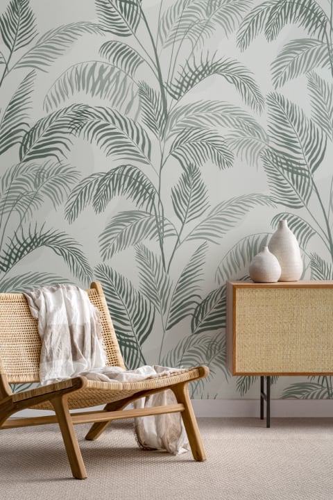 Green Inky Tropical Pattern Wallpaper Mural