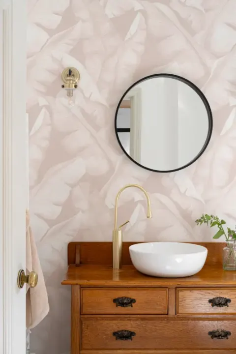 Papel Pintado Rosa Palo con Motivo de Hojas de Platano a la Acuarela Efecto 3D
