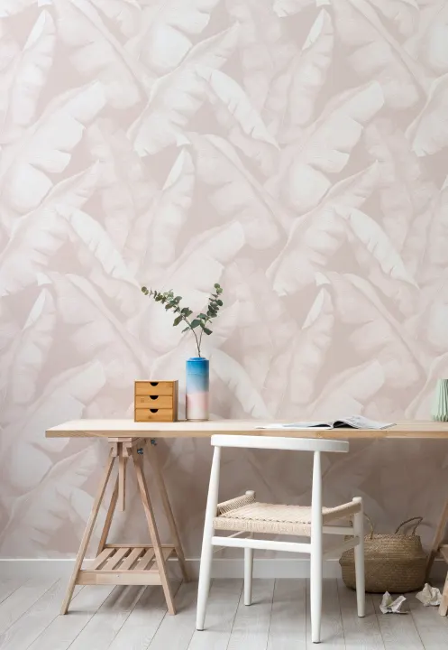 Papel Pintado Rosa Palo con Motivo de Hojas de Platano a la Acuarela Efecto 3D