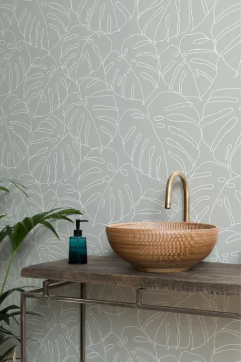 Grön Monstera Leaf Line Drawing Repeat Pattern Wallpaper