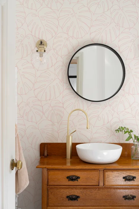 Papel Pintado Minimalista en Rosa con Motivo de Hojas de Monstera