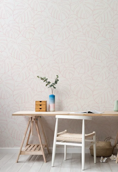 Papel Pintado Minimalista en Rosa con Motivo de Hojas de Monstera