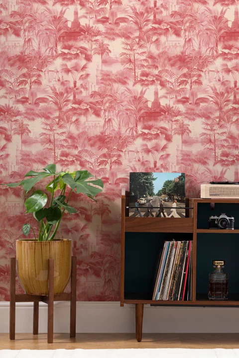 Red Vintage Tropical Jungle Wallpaper
