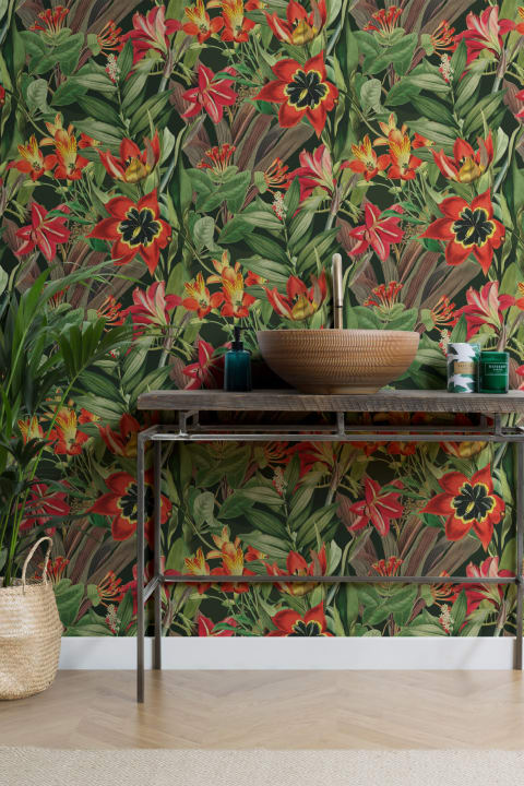 Vintage Tropical Foliage Dark Green Repeat Pattern Wallpaper