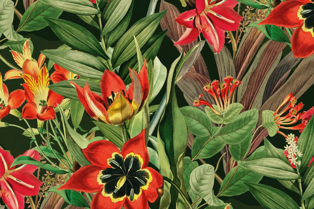 Vintage Tropical Foliage Dark Green Repeat Pattern Wallpaper