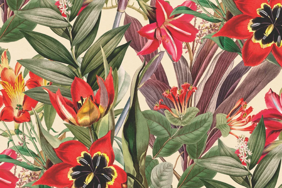 Vintage Tropical Foliage Beige Repeat Pattern Wallpaper