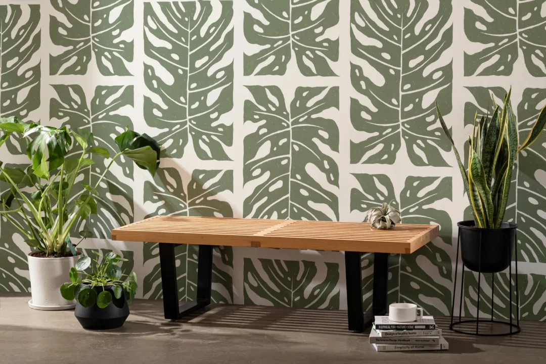 Papel pintado Monstera efecto azulejos en verde