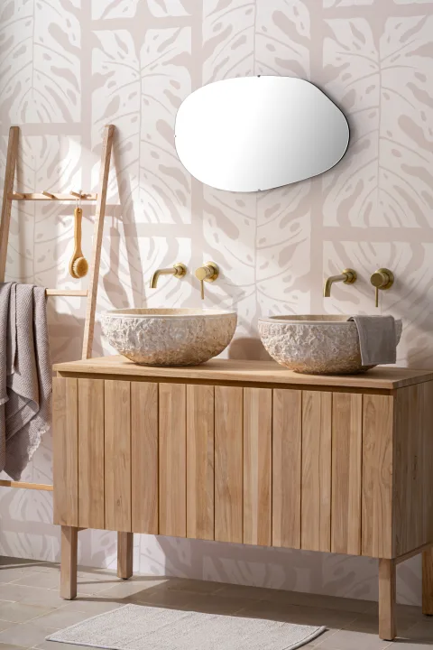 Papel pintado Monstera efecto azulejos en beige