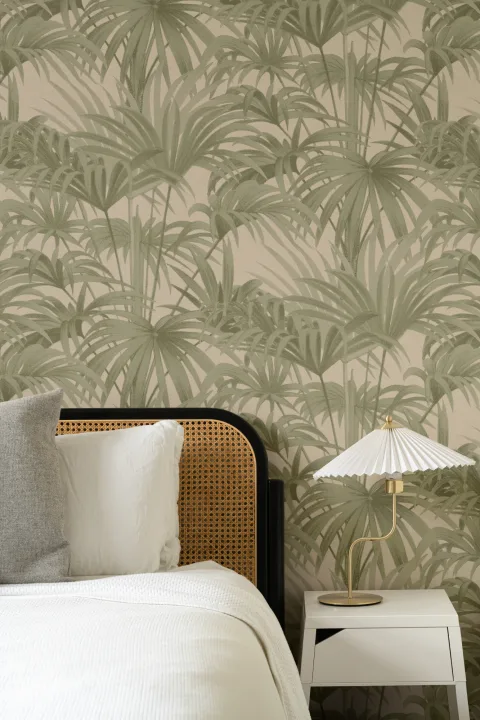 Bower Brown Vintage Palm Botanical Wallpaper in Green and Neutral Tones