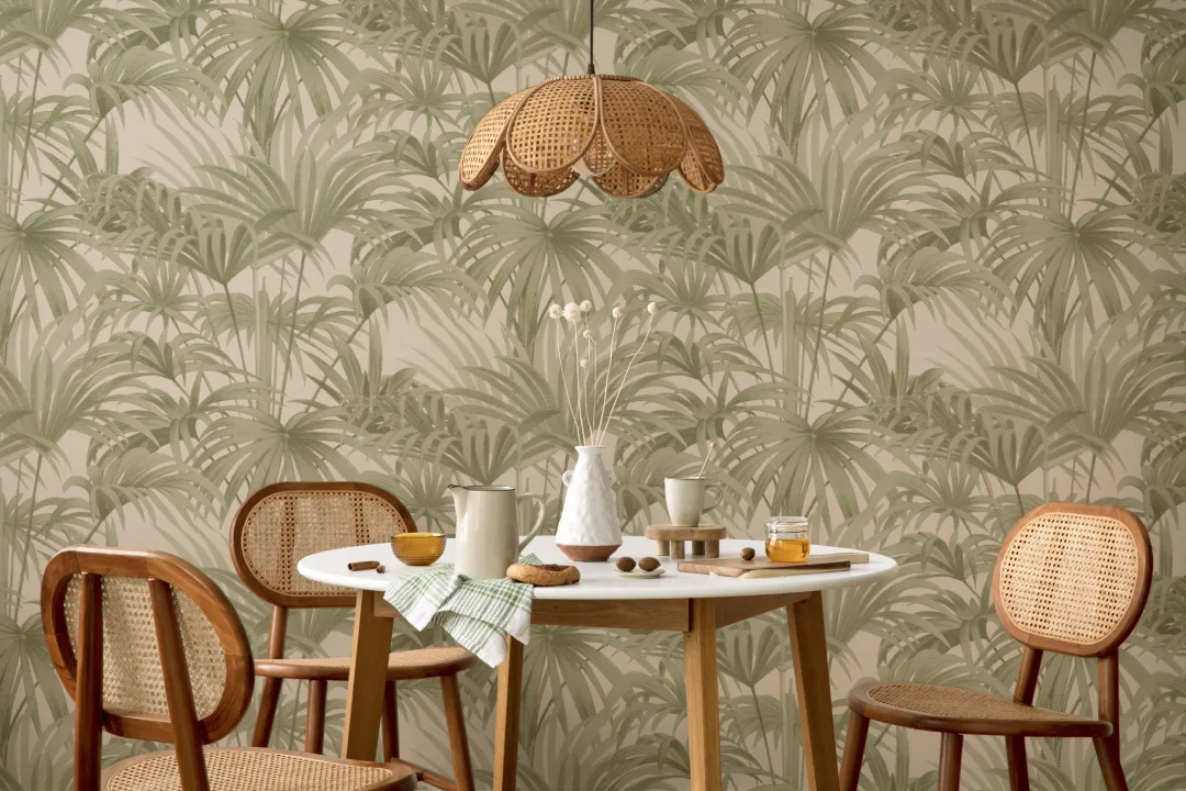 Bower Brown Vintage Palm Botanisk tapet i grønne og nøytrale toner