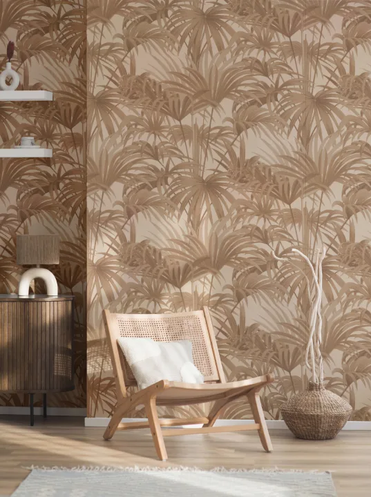 Bower Brown Vintage Palm Botanical Wallpaper in Warm Earthy Tones