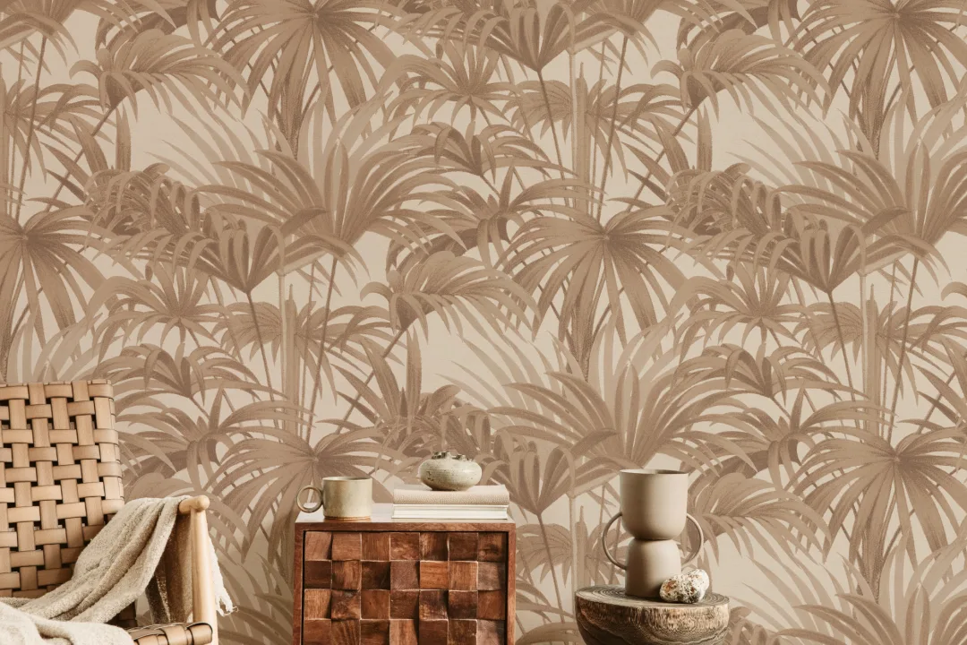 Papel pintado Bower Brown Vintage Palm Botanical en tonos cálidos y terrosos