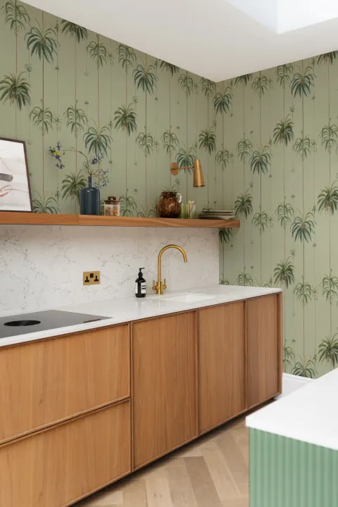 Sage Striped Tropical Palms Wallpaper