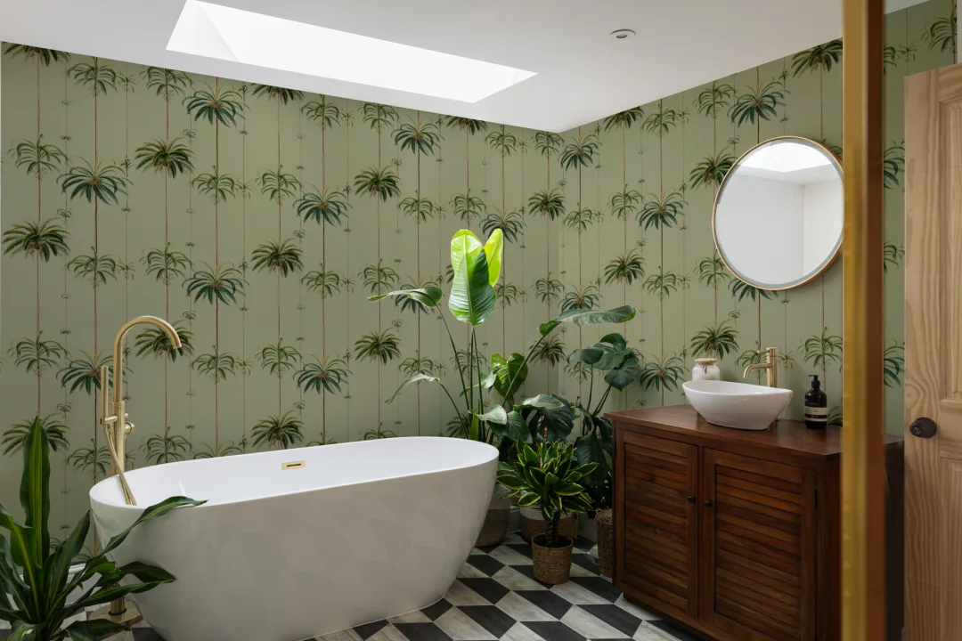 Papel pintado Palmeras tropicales a rayas Sage