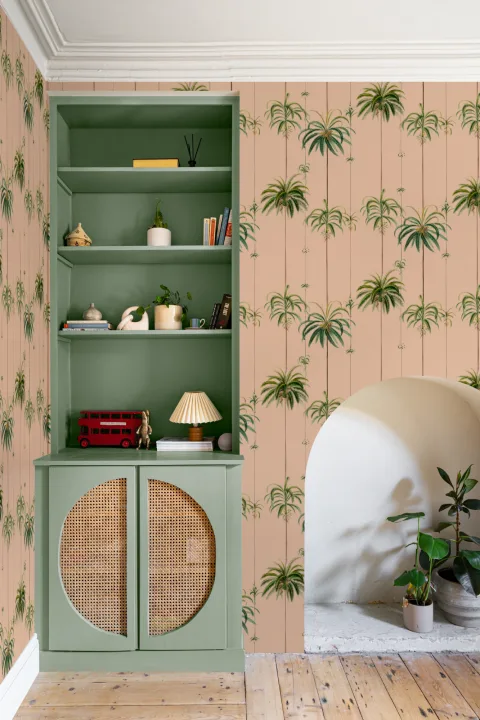 Peach Striped Tropical Palms Wallpaper