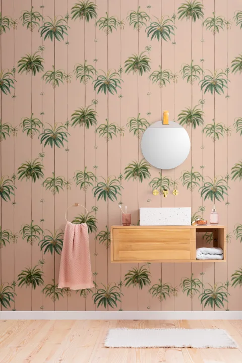 Papel pintado Palmeras tropicales a rayas melocotón
