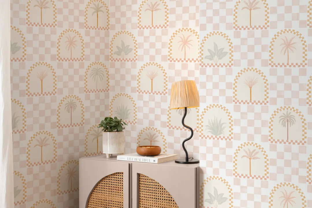Pink Mediterranean Palms Tile & Arch Mural