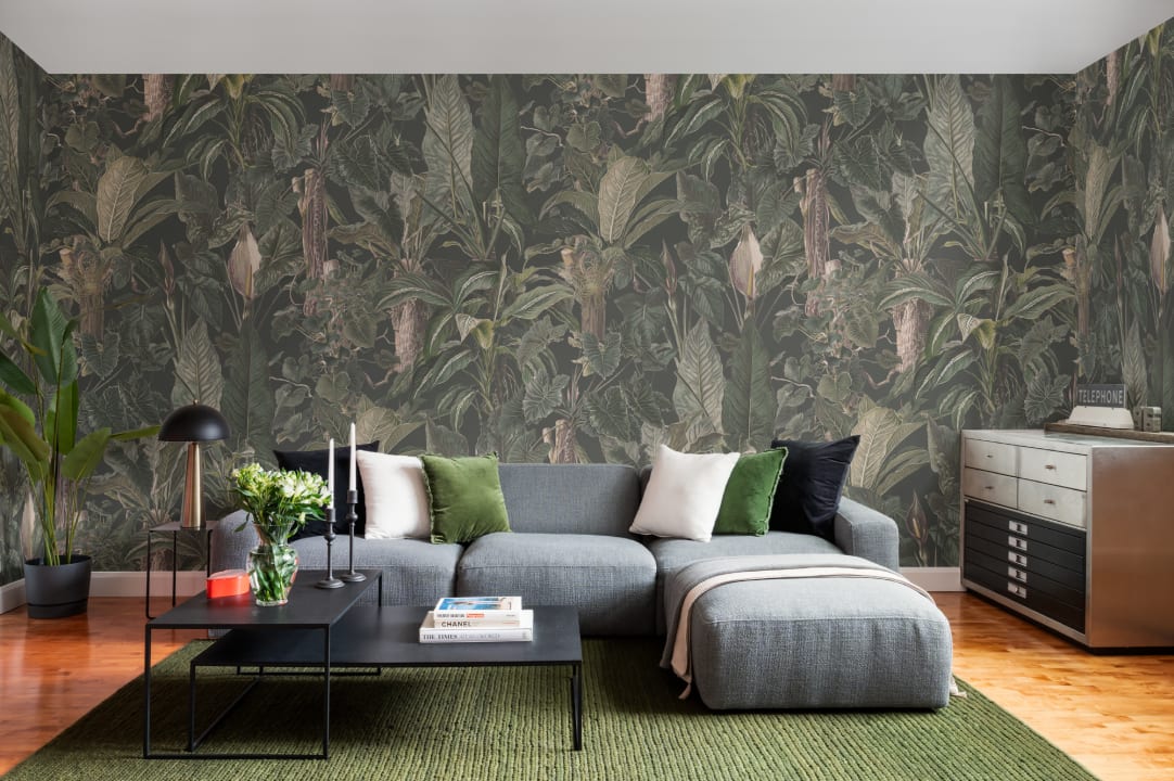 Papier peint panoramique vert tropical illustré Plantes à feuilles