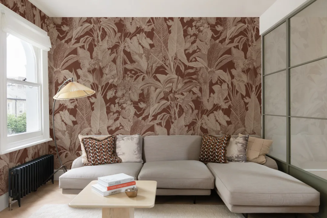 Brown Tropical Illustrated Leafy Plants Mural