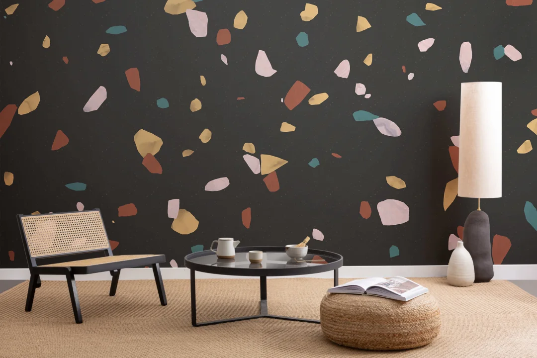 Papier Peint Panoramique Imprimé Terrazzo Noir