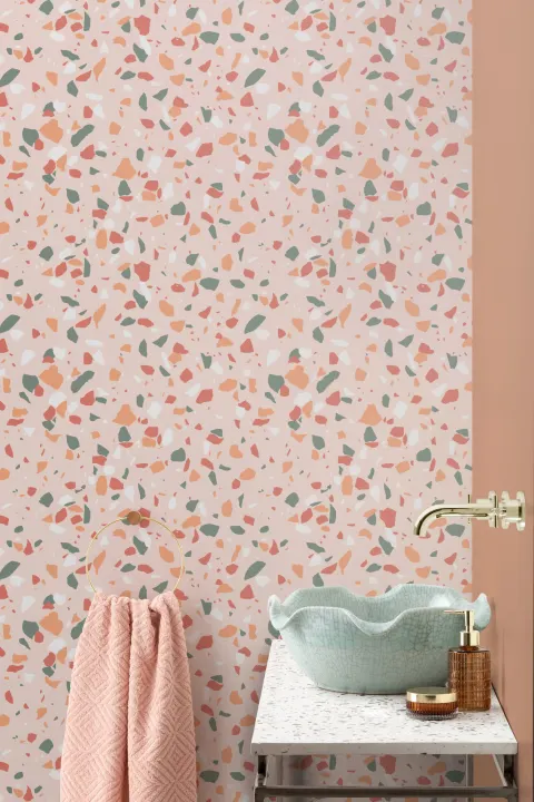 Trendy Green & Orange Terrazzo Repeat Pattern Wallpaper