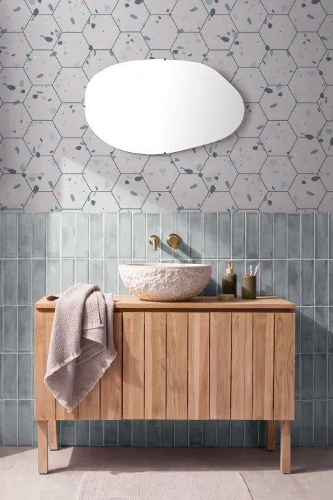 Mural Papel Pintado Efecto Azulejos Hexagonales con Terrazo