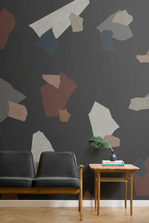 Papier Peint Panoramique Coloré Foncé au Style Terrazzo