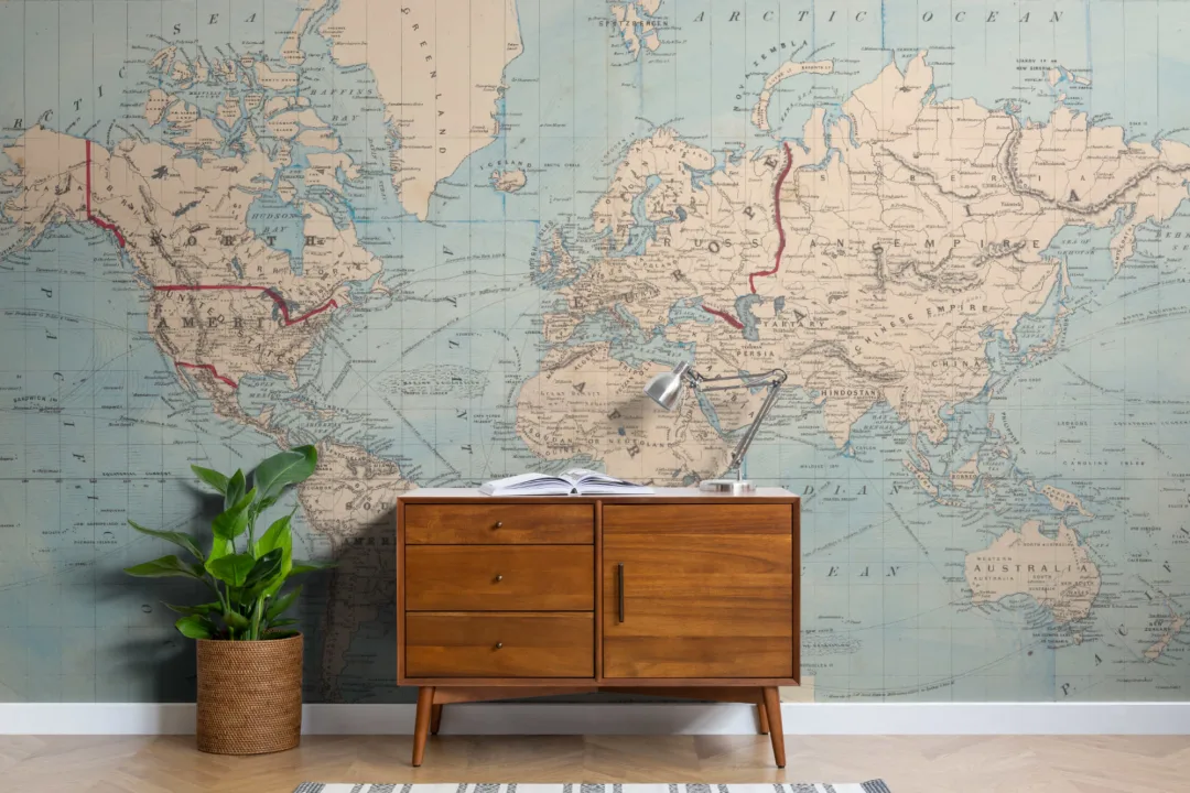Vintage Blue Map Of The World Wallpaper Mural