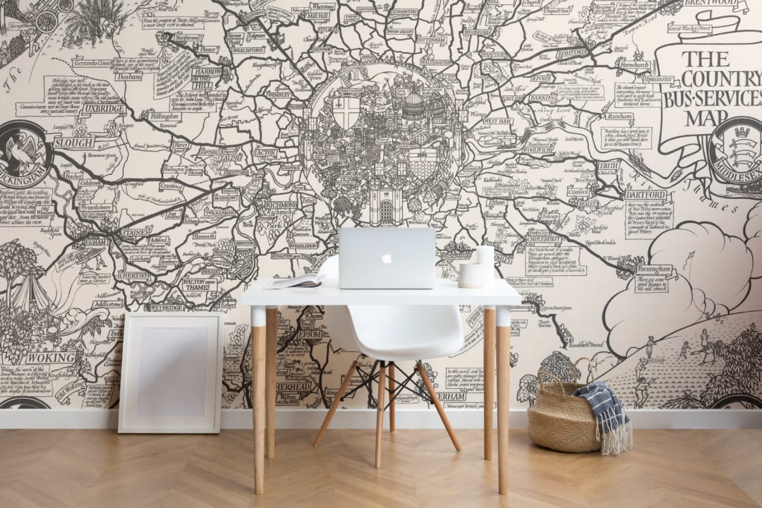 Vintage London Buses Map Wallpaper Mural