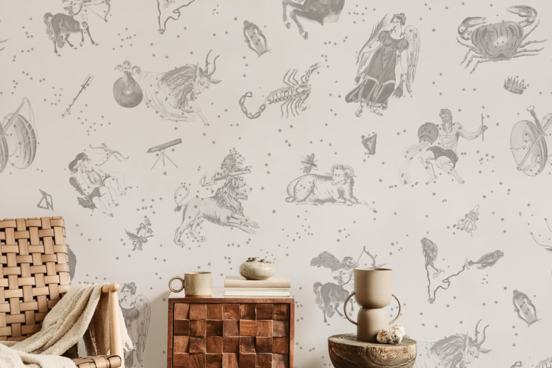 Gray Illustrated Astrological Star Signs Mural