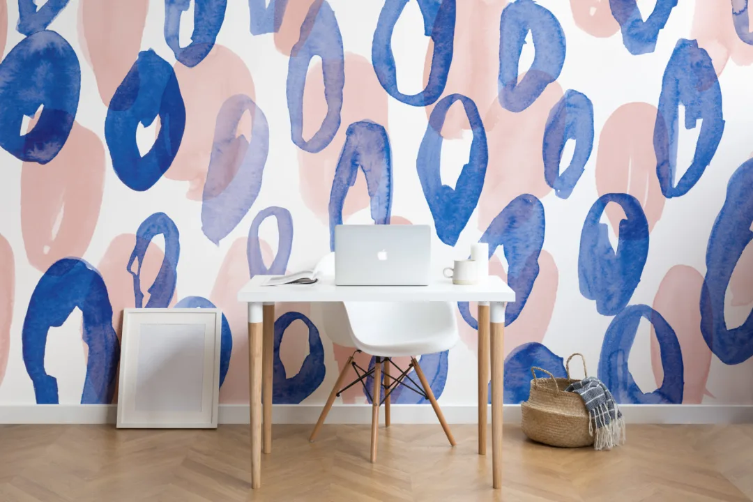 Blue & Peach Watercolor Leopard Print Wallpaper Mural